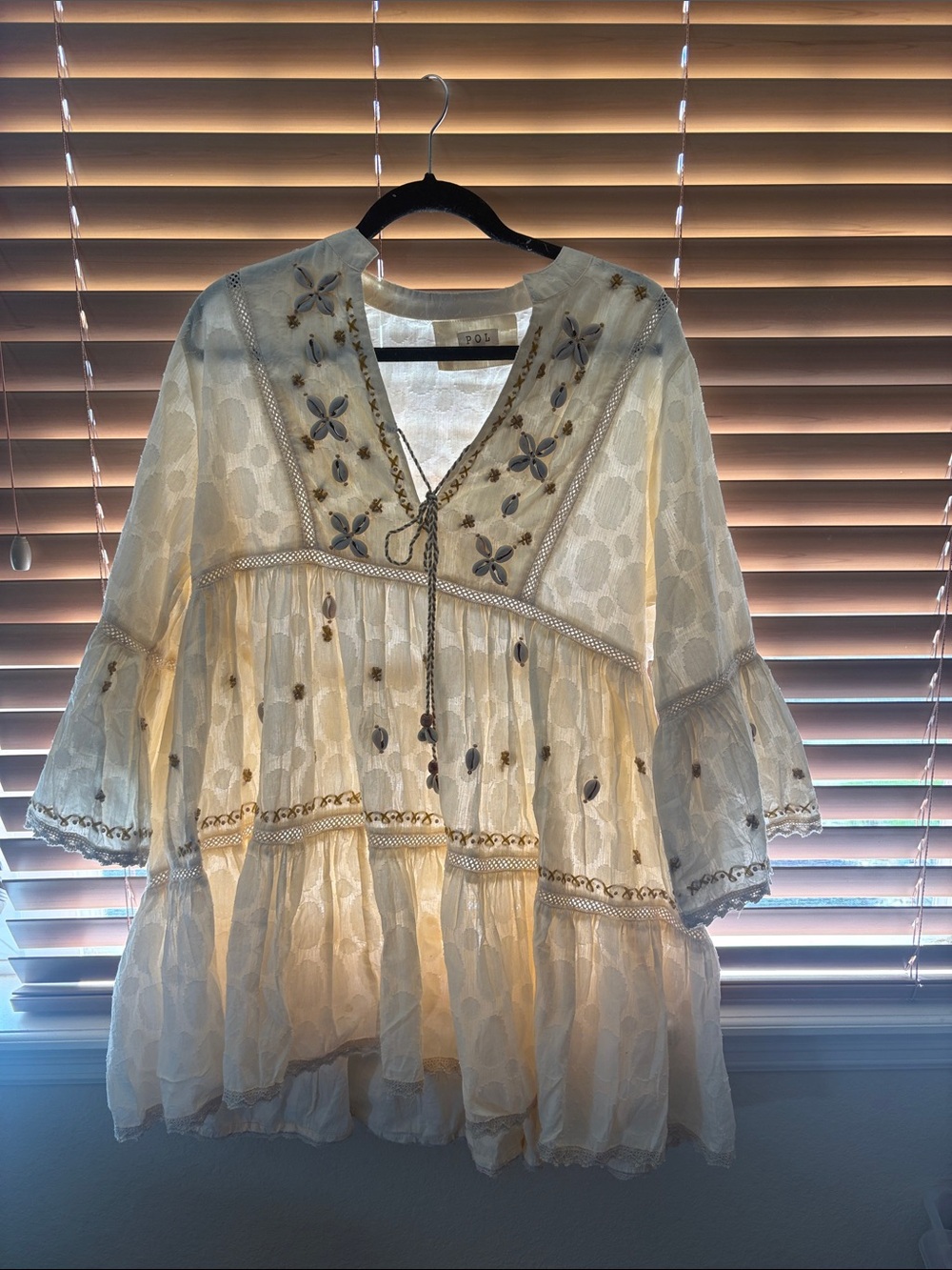 POL Cream Embroidered Long Sleeve Boho Dress